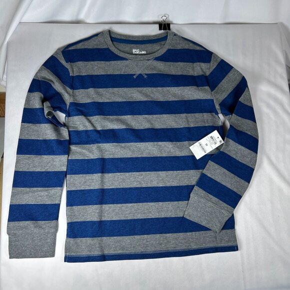 Boys Size Medium Long Sleeve Gray Blue Striped Waffle Thermal Shirt Layering NWT - Picture 1 of 8